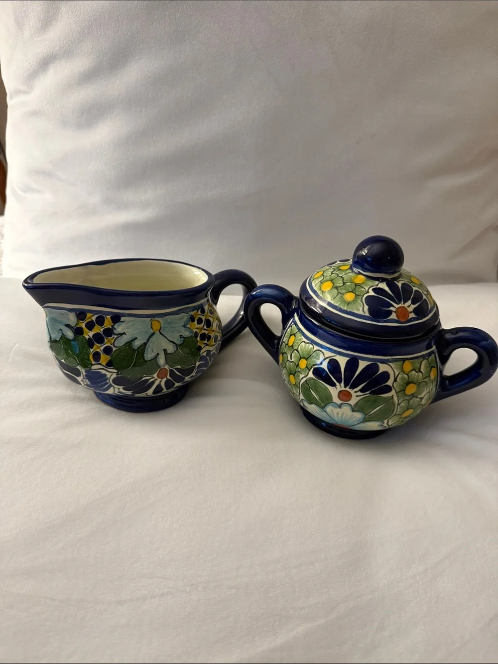 Mexican Talavera Lidded Sugar Bowl & Creamer.
